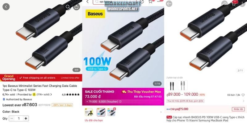 Mẫu sạc dây USB-C 100W của Baseus có giá tương đối ổn định, nhưng Lazada và Shopee đang hứa hẹn giảm còn 73.000đ - 75.000đ từ ngày 25 tới. Hơn nữa, sản phẩm này được bán từ gian hàng chính hãng, nên người mua cũng yên tâm hơn.