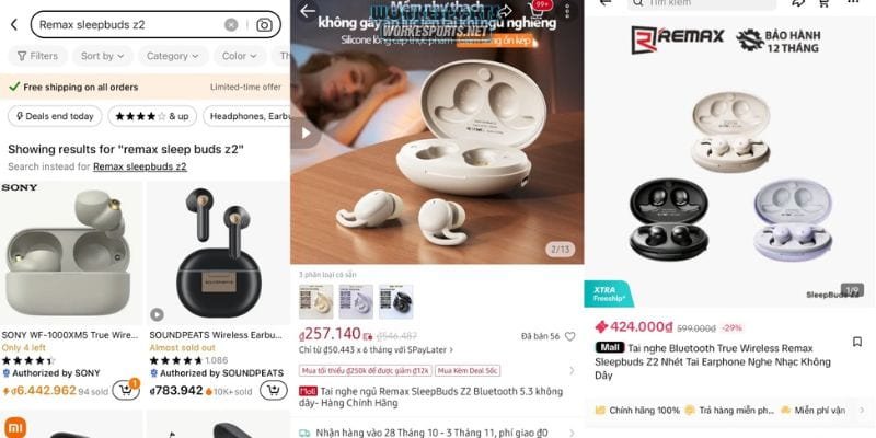 Tai nghe Remax Sleepbuds Z2 hiện chưa có mặt trên Temu. Ngược lại, Shopee, Lazada và Tik Tok Shop cung cấp nhiều sự lựa chọn, nhưng giá cả chênh lệch khá lớn, có nơi bán tới gấp đôi giá thông thường.