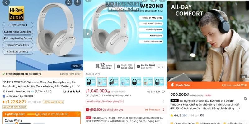 Tai nghe Edifier trên Tik Tok Shop chỉ có giá 900.000đ, trong khi các sàn khác đều trên 1 triệu và Temu thì hơn 1.2 triệu. Mặc dù áp dụng mã giảm giá cho người mới, nhưng vẫn không đủ cạnh tranh với hai sàn khác.