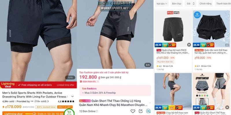 Về mẫu quần đùi thể thao, chúng tôi tìm thấy trên Temu và Lazada, nhưng Shopee không có đúng mẫu. Hiện tại, vì đang có chương trình giảm giá, nên giá trên Temu thấp hơn một chút so với Lazada.